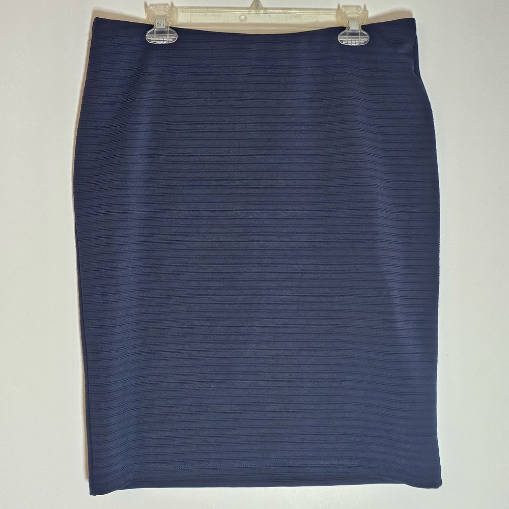 Roz & Ali Skirt Womens Large Navy Blue Textured Stretch Career Classic Midi Soft